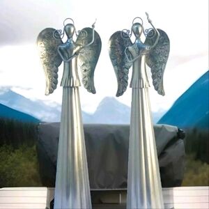 Large Metal Angels Statues Lot Bent Etched 22x6" Christmas Decor Church